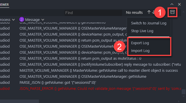 Import and export log messages